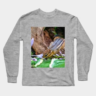 Chipmunk takes time to smell the flowers outside her log home Long Sleeve T-Shirt